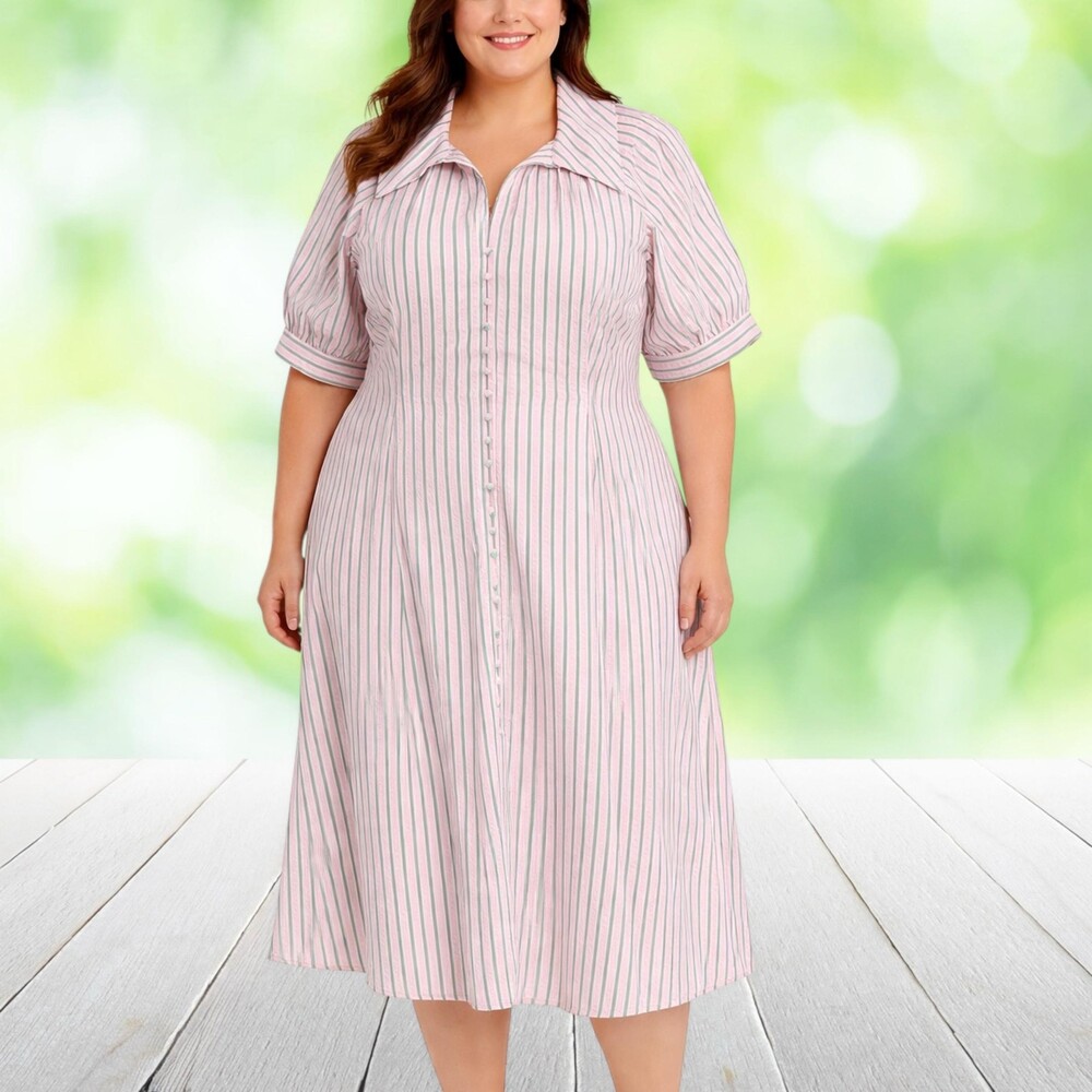 ENGLISH FACTORY Shirt Dress Puff Sleeve Button Front Striped Pink Midi Plus 2X